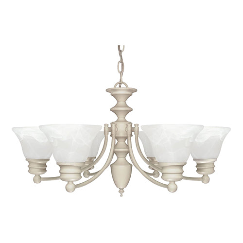 Satco 60-359, Empire, 6 Light, 26" Chandelier Light Fixture, 60W, 120V, Medium Base, Alabaster Glass, Replaceable Light Source, Textured White Finish