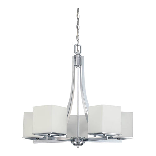 Satco 60-4086, Bento, 5 Light, Chandelier Light Fixture, 60W, 120V, Medium Base, Satin White Glass, Polished Chrome Finish