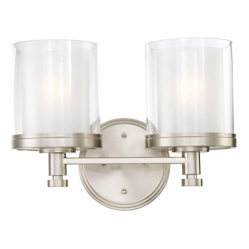 Satco 60-4642, Decker, 2 Light, Vanity Light Fixture, 100W, 120V, Medium Base, Clear and Frosted Glass, Brushed Nickel Finish