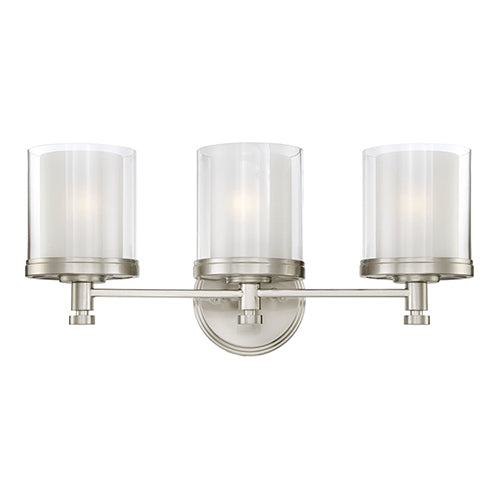 Satco 60-4643, Decker, 3 Light, Vanity Light Fixture, 100W, 120V, Medium Base, Clear and Frosted Glass, Brushed Nickel Finish