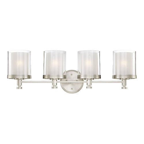 Satco 60-4644, Decker, 4 Light, Vanity Light Fixture, 100W, 120V, Medium Base, Clear and Frosted Glass, Brushed Nickel Finish