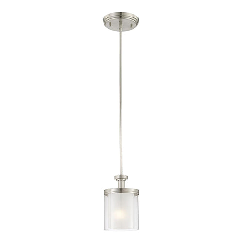 Satco 60-4648, Decker, 1 Light, Mini Pendant Hanging Light Fixture, 60W, 120V, Medium Base, Clear and Frosted Glass, Brushed Nickel Finish