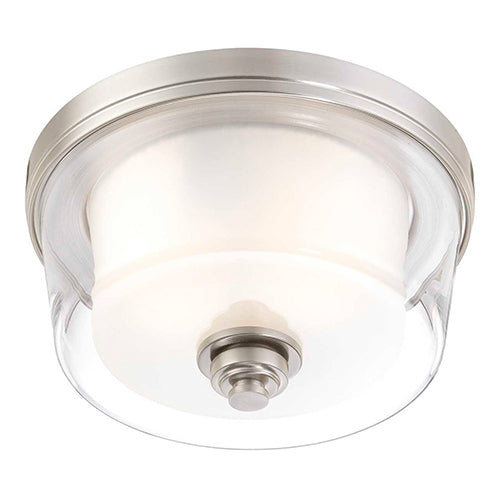 Satco 60-4651, Decker, 2 Light, Flush Mount Light Fixture, 60W, 120V, Medium Base, Clear and Frosted Glass, Brushed Nickel Finish