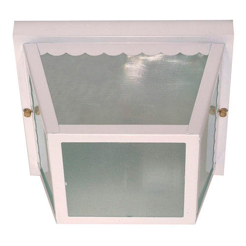 Satco 60-470, 2 Light, 10" Flush Mount Metal Frame Carport Lighting Fixture, 60W, 120V, Medium Base, Frosted Textured Glass, Replaceable Light Source, White Finish