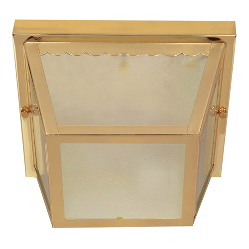 Satco 60-471, 2 Light, 10" Flush Mount Metal Frame Carport Lighting Fixture, 60W, 120V, Medium Base, Frosted Textured Glass, Replaceable Light Source, Polished Brass Finish