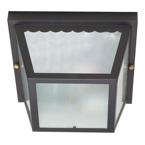 Satco 60-473, 2 Light, 10" Flush Mount Metal Frame Carport Lighting Fixture, 60W, 120V, Medium Base, Frosted Textured Glass, Replaceable Light Source, Black Finish