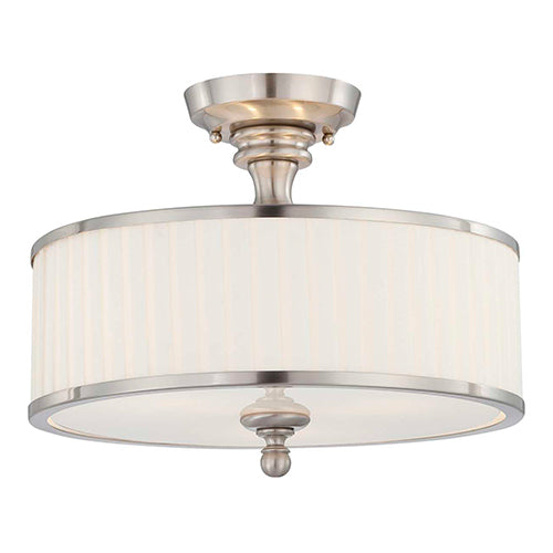 Satco 60-4737, Candice, 3 Light, Semi-Flush Mount Light Fixture, 60W, 120V, Medium Base, Pleated White Shade, Brushed Nickel Finish