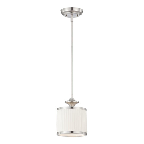 Satco 60-4738, Candice, 1 Light, Mini Pendant Light Fixture, 60W, 120V, Medium Base, Pleated White Shade, Brushed Nickel Finish
