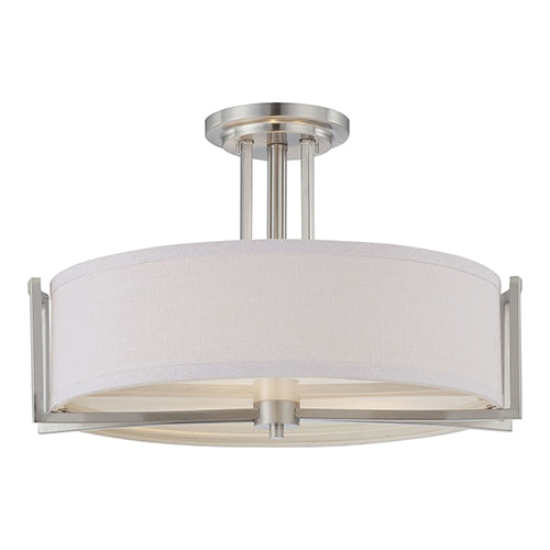 Satco 60-4758, Gemini, 3 Light, Semi-Flush Mount Light Fixture, 60W, 120V, Medium Base, Slate Gray Fabric Shade, Brushed Nickel Finish