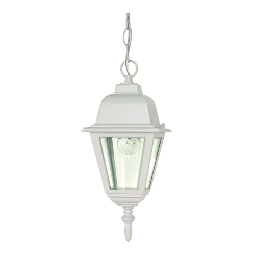 Satco 60-487, Briton, 1 Light, 10" Outdoor Hanging Lantern Lighting Fixture, 60W, 120V, Medium Base, Clear Glass, Replaceable Light Source, White Finish