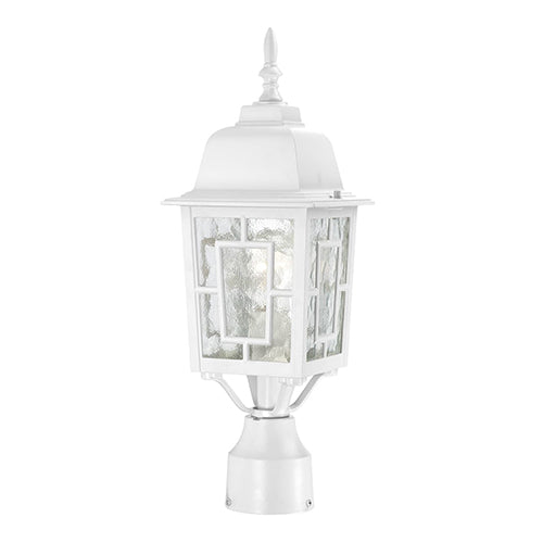 Satco 60-4927, Banyan, 1 Light, 17" Outdoor Post Lighting Fixture, 100W, 120V, Medium Base, Clear Water Glass, White Finish