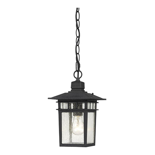Satco 60-4956, Cove Neck, 1 Light, 12" Outdoor Hanging Lighting Fixture, 100W, 120V, Medium Base, Clear Seed Glass, Textured Black Finish