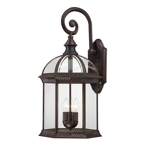 Satco 60-4968, Boxwood, 3 Light, 26" Outdoor Wall Lighting Fixture, 60W, 120V, Candelabra Base, Clear Beveled Glass, Rustic Bronze Finish