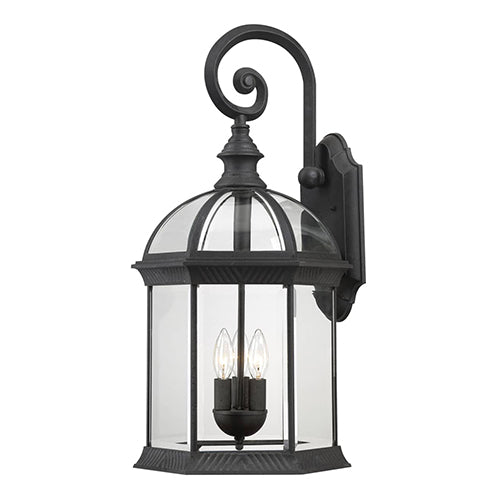 Satco 60-4969, Boxwood, 3 Light, 26" Outdoor Wall Lighting Fixture, 60W, 120V, Candelabra Base, Clear Beveled Glass, Textured Black Finish