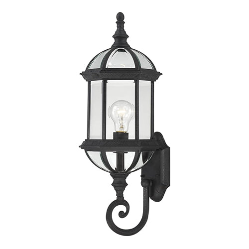 Satco 60-4973, Boxwood, 1 Light, 22" Outdoor Wall Lighting Fixture, 100W, 120V, Medium Base, Clear Beveled Glass, Textured Black Finish