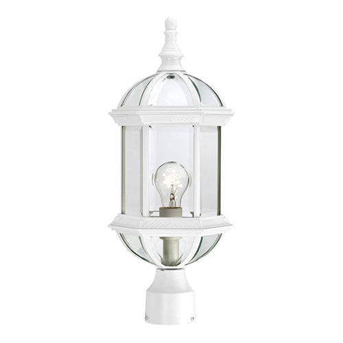 Satco 60-4974, Boxwood, 1 Light, 19" Outdoor Post Lighting Fixture, 100W, 120V, Medium Base, Clear Beveled Glass, White Finish