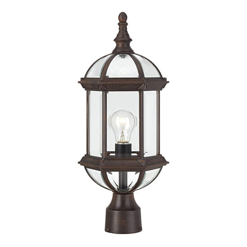 Satco 60-4975, Boxwood, 1 Light, 19" Outdoor Post Lighting Fixture, 100W, 120V, Medium Base, Clear Beveled Glass, Rustic Bronze Finish