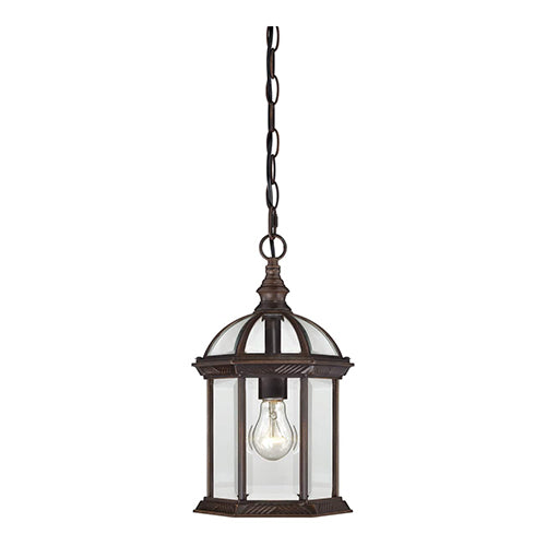 Satco 60-4978, Boxwood, 1 Light, 14" Outdoor Hanging Lantern Lighting Fixture, 100W, 120V, Medium Base, Clear Beveled Glass, Rustic Bronze Finish