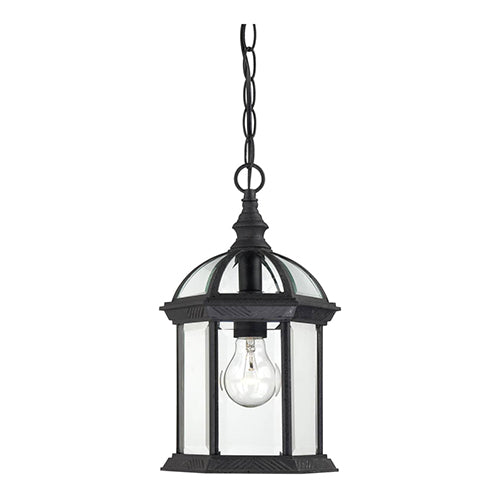 Satco 60-4979, Boxwood, 1 Light, 14" Outdoor Hanging Lantern Lighting Fixture, 100W, 120V, Medium Base, Clear Beveled Glass, Textured Black Finish