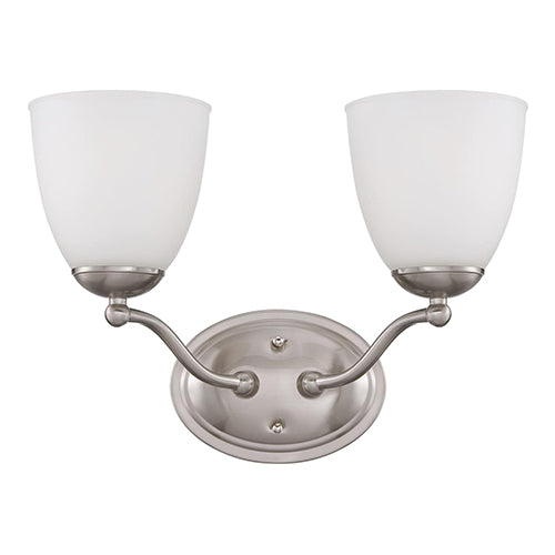 Satco 60-5032, Patton, 2 Light, Vanity Light Fixture, 100W, 120V, Medium Base, Frosted Glass, Brushed Nickel Finish