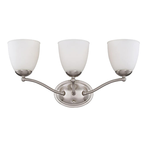 Satco 60-5033, Patton, 3 Light, Vanity Light Fixture, 100W, 120V, Medium Base, Frosted Glass, Brushed Nickel Finish