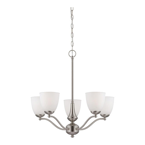 Satco 60-5035, Patton, 5 Light, Chandelier (Arms Up) Light Fixture, 60W, 120V, Medium Base, Frosted Glass, Brushed Nickel Finish