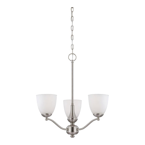 Satco 60-5036, Patton, 3 Light, Chandelier (Arms Up) Light Fixture, 60W, 120V, Medium Base, Frosted Glass, Brushed Nickel Finish