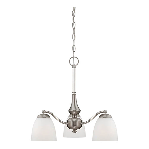 Satco 60-5042, Patton, 3 Light, Chandelier (Arms Down) Light Fixture, 60W, 120V, Medium Base, Frosted Glass, Brushed Nickel Finish