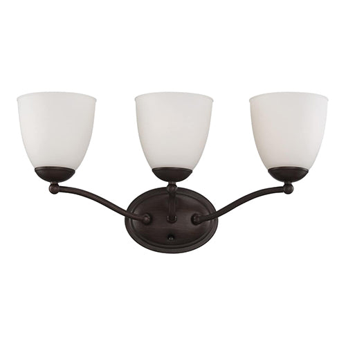 Satco 60-5133, Patton, 3 Light, Vanity Light Fixture, 100W, 120V, Medium Base, Frosted Glass, Prairie Bronze Finish