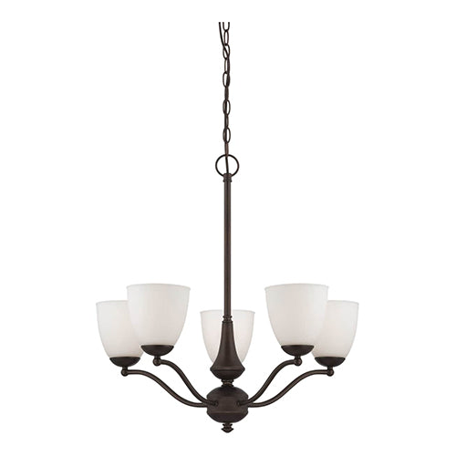 Satco 60-5135, Patton, 5 Light, Chandelier (Arms Up) Light Fixture, 60W, 120V, Medium Base, Frosted Glass, Prairie Bronze Finish