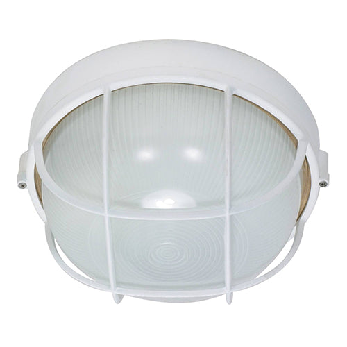 Satco 60-518, 1 Light, 10" Round Caged Die Cast Bulkhead Lighting Fixture, 60W, 120V, Medium Base, Frosted Diffuser Glass, Replaceable Light Source, Semi Gloss White Finish