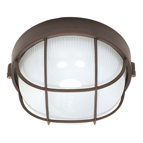 Satco 60-519, 1 Light, 10" Round Caged Die Cast Bulkhead Lighting Fixture, 60W, 120V, Medium Base, Frosted Diffuser Glass, Replaceable Light Source, Architectural Bronze Finish