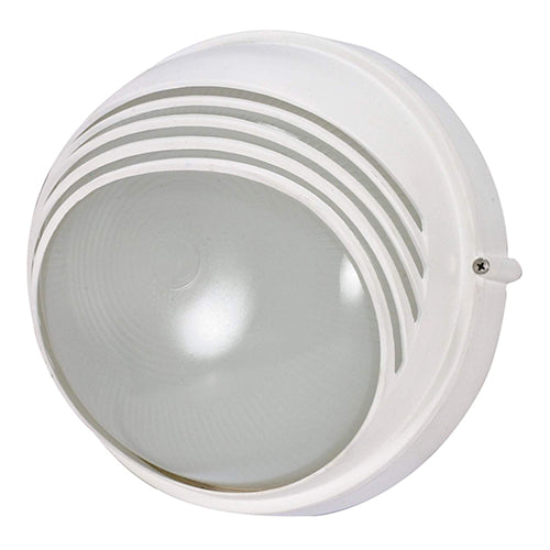 Satco 60-520, 1 Light, 10" Round Hooded Die Cast Bulkhead Lighting Fixture, 60W, 120V, Medium Base, Frosted Diffuser Glass, Replaceable Light Source, Semi Gloss White Finish