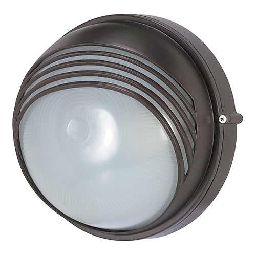 Satco 60-521, 1 Light, 10" Round Hooded Die Cast Bulkhead Lighting Fixture, 60W, 120V, Medium Base, Frosted Diffuser Glass, Replaceable Light Source, Architectural Bronze Finish