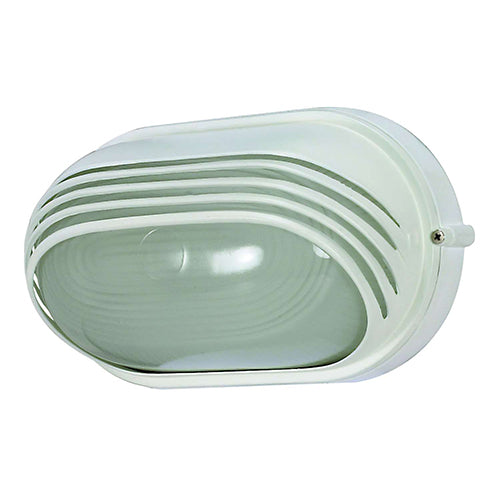 Satco 60-522, 1 Light, 10" Oval Hooded Die Cast Bulkhead Lighting Fixture, 60W, 120V, Medium Base, Frosted Diffuser Glass, Replaceable Light Source, Semi Gloss White Finish