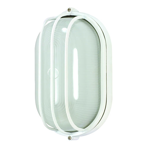 Satco 60-524, 1 Light, 10" Oval Caged Die Cast Bulkhead Lighting Fixture, 60W, 120V, Medium Base, Frosted Diffuser Glass, Replaceable Light Source, Semi Gloss White Finish