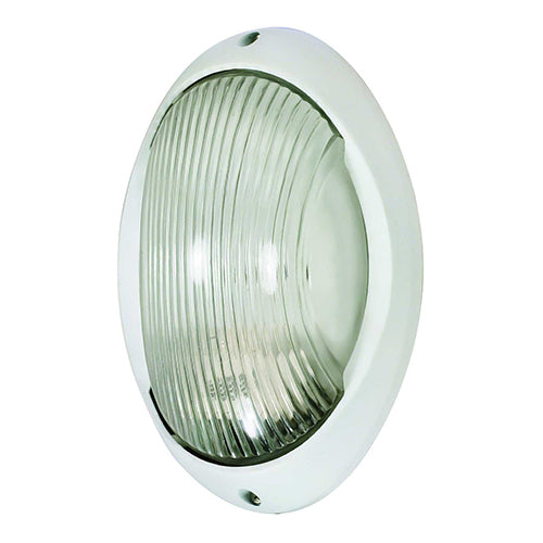 Satco 60-526, 1 Light, 11" Oval Caged Die Cast Bulkhead Lighting Fixture, 60W, 120V, Medium Base, Frosted Diffuser Glass, Replaceable Light Source, Semi Gloss White Finish