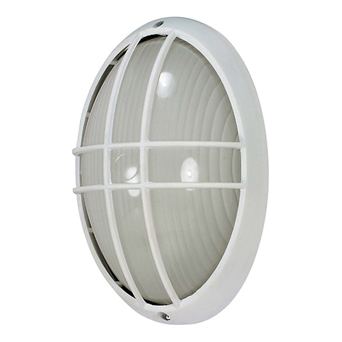Satco 60-528, 1 Light, 13" Oval Caged Die Cast Bulkhead Lighting Fixture, 60W, 120V, Medium Base, Frosted Diffuser Glass, Replaceable Light Source, Semi Gloss White Finish