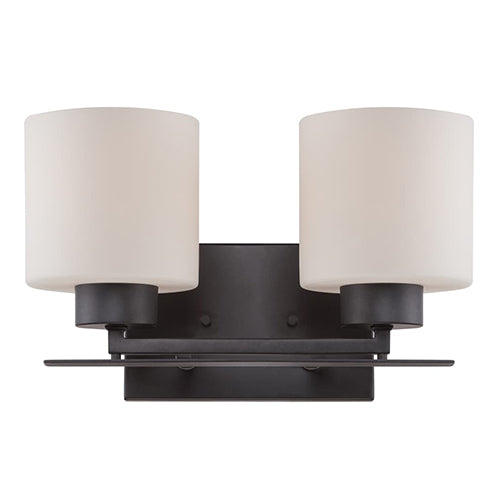 Satco 60-5302, Parallel, 2 Light, Vanity Light Fixture, 100W, 120V, Medium Base, Etched Opal Glass, Aged Bronze Finish