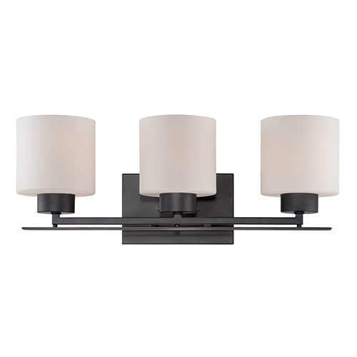 Satco 60-5303, Parallel, 3 Light, Vanity Light Fixture, 100W, 120V, Medium Base, Etched Opal Glass, Aged Bronze Finish