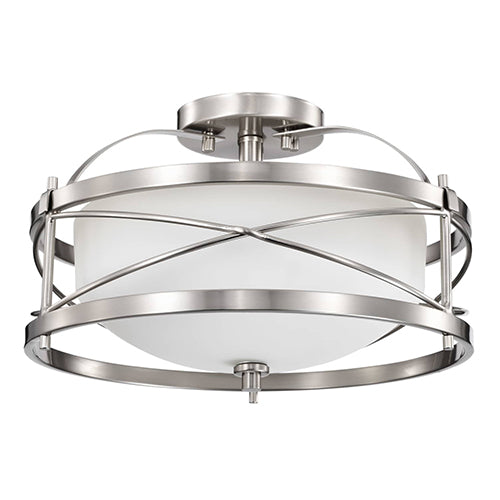 Satco 60-5331, Ginger, 2 Light, Semi-Flush Light Fixture, 100W, 120V, Medium Base, Etched Opal Glass, Brushed Nickel Finish