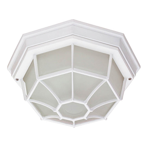 Satco 60-534, 1 Light, 12" Die-Cast Caged Outdoor Ceiling Lighting Fixture, 60W, 120V, Medium Base, Frosted Diffuser Glass, Replaceable Light Source, White Finish