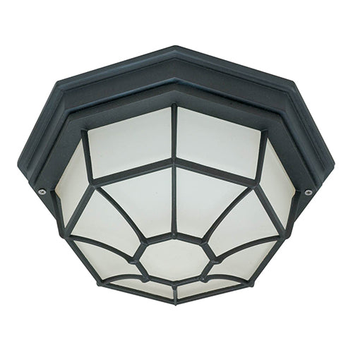 Satco 60-536, 1 Light, 12" Die-Cast Caged Outdoor Ceiling Lighting Fixture, 60W, 120V, Medium Base, Frosted Diffuser Glass, Replaceable Light Source, Textured Black Finish