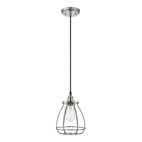 Satco 60-5401, Vintage, 1 Light, Mini Pendant Light Fixture, 100W, 120V, Medium Base, Caged Pendant, Polished Nickel Finish