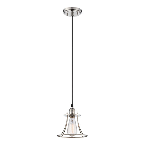 Satco 60-5411, Vintage, 1 Light, Caged Pendant Light Fixture, 100W, 120V, Medium Base, Polished Nickel Finish