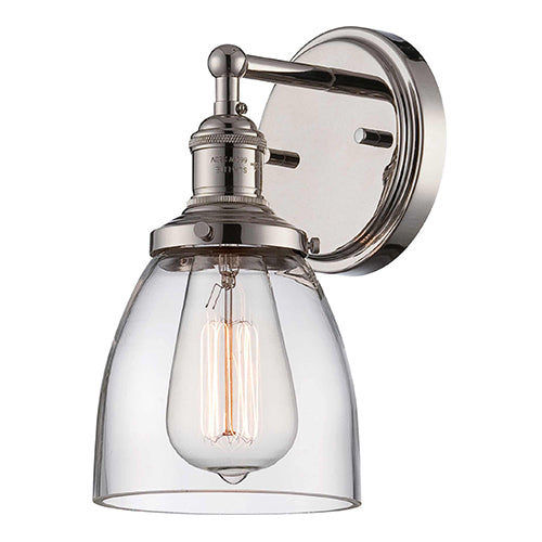 Satco 60-5414, Vintage, 1 Light, Wall Sconce Lighting Fixture, 100W, 120V, Medium Base, Clear Glass, Polished Nickel Finish