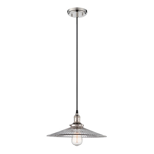 Satco 60-5416, Vintage, 1 Light, Pendant Light Fixture, 100W, 120V, Medium Base, Clear Ribbed Glass, Polished Nickel Finish