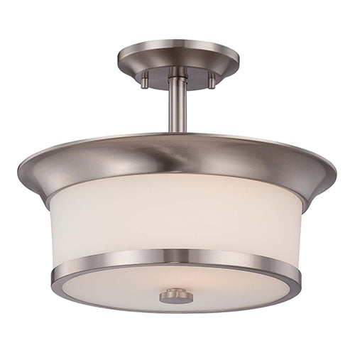 Satco 60-5450, Mobili, 2 Light, Semi-Flush Light Fixture, 60W, 120V, Medium Base, Satin White Glass, Brushed Nickel Finish