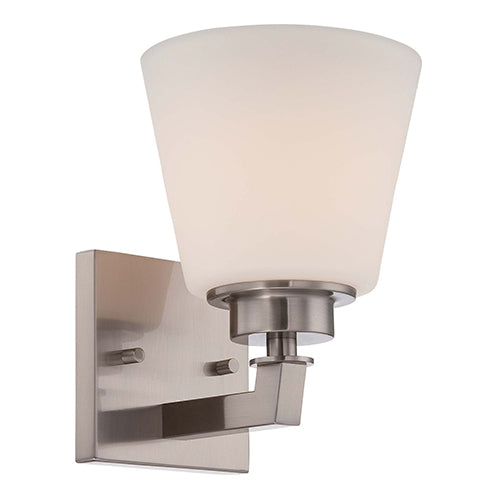 Satco 60-5451, Mobili, 1 Light, Vanity Light Fixture, 100W, 120V, Medium Base, Satin White Glass, Brushed Nickel Finish