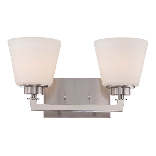 Satco 60-5452, Mobili, 2 Light, Vanity Light Fixture, 100W, 120V, Medium Base, Satin White Glass, Brushed Nickel Finish